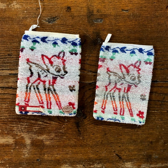 1950s Bambi Oven Mitts Pot Holders; Walt Disney Kitchen Decor Cotton Terrycloth
