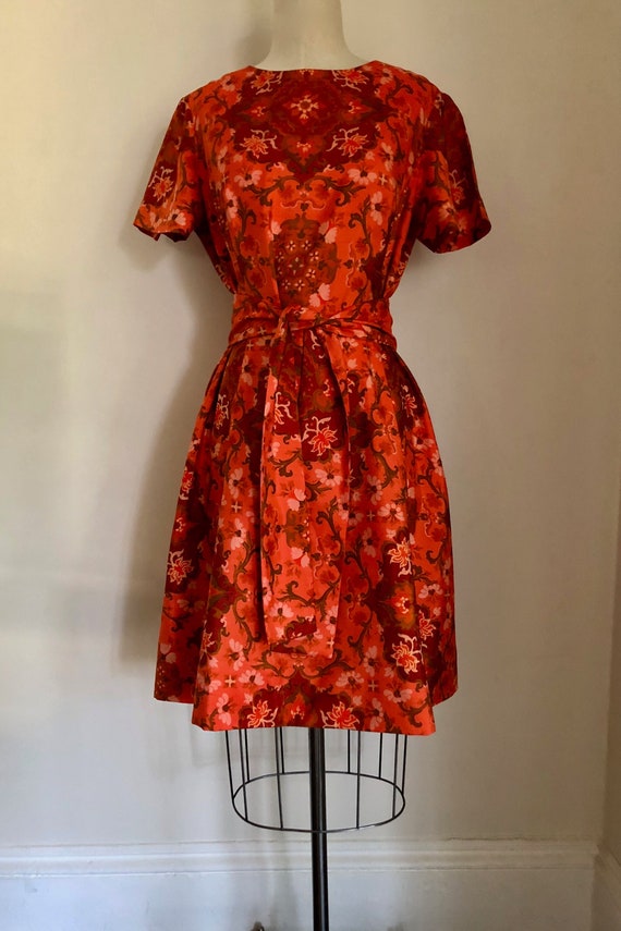 50's 60's Silk Dress Orange Print Semi Formal Part