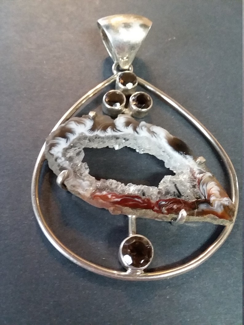 Sterling with smokey topaz and geode pendant