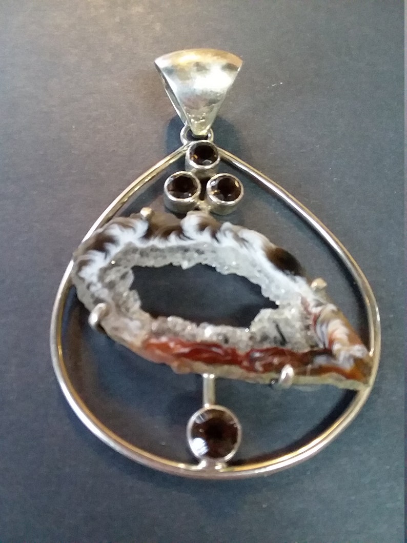 Sterling with smokey topaz and geode pendant