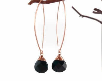 Black Agate Lotus Petal Drop Earrings - Made to Order  - Copper, Sterling Silver or 14K Gold