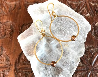 Chocolate Pearl Brass Large Hoop Earrings - Ready to ship