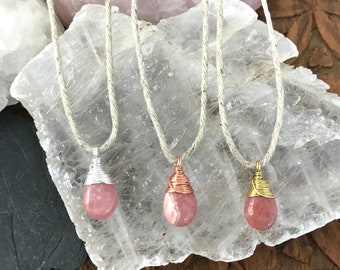 Rhodochrosite Gemstone Teardrop Necklace - Hemp & Wire Wrapped Sterling Silver, Copper, or Brass Metal