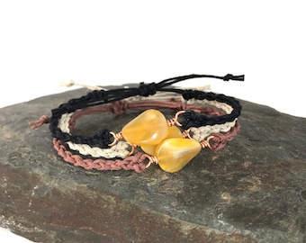 Honey Jade + Copper Bracelet - Macrame Hemp, Adjustable, Wire Wrapped Gemstone, Custom Colors