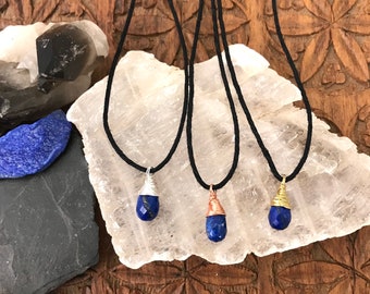 Lapis Lazuli Gemstone Teardrop Necklace - Hemp & Wire Wrapped Sterling Silver, Copper, or Brass Metal