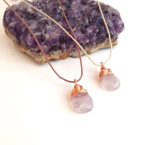 Lavender Amethyst Teardrop Necklace Copper Wire Wrapped Gemstone, Natural Hemp image 1