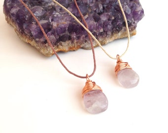 Lavender Amethyst Teardrop Necklace - Copper Wire Wrapped Gemstone, Natural Hemp