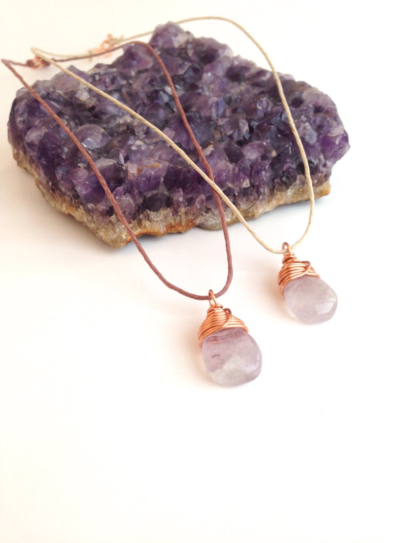 Lavender Amethyst Teardrop Necklace Copper Wire Wrapped Gemstone, Natural Hemp image 1