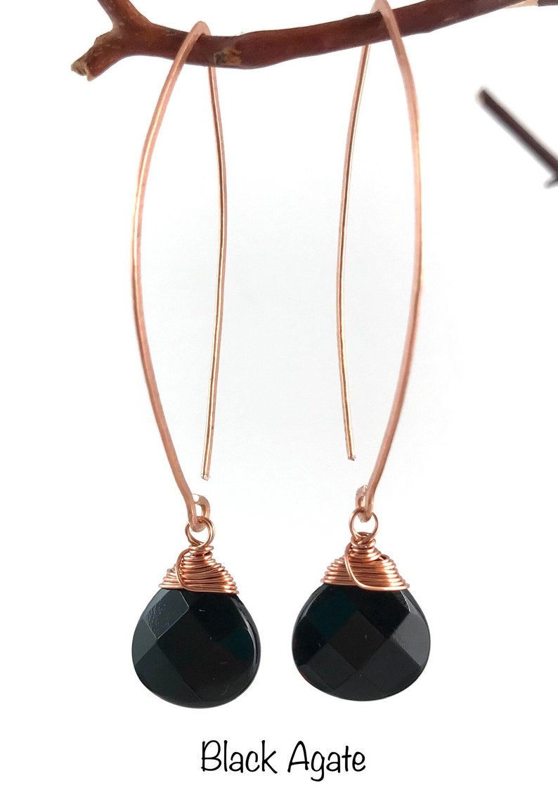 Black Agate Lotus Petal Drop Earrings Made to Order Copper, Sterling Silver or 14K Gold image 3