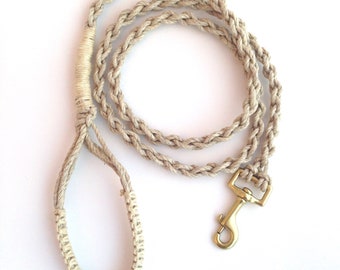 Macrame Hemp Leash  - 5 FT, Solid Brass Clip, Natural Tan with Comfortable Handle