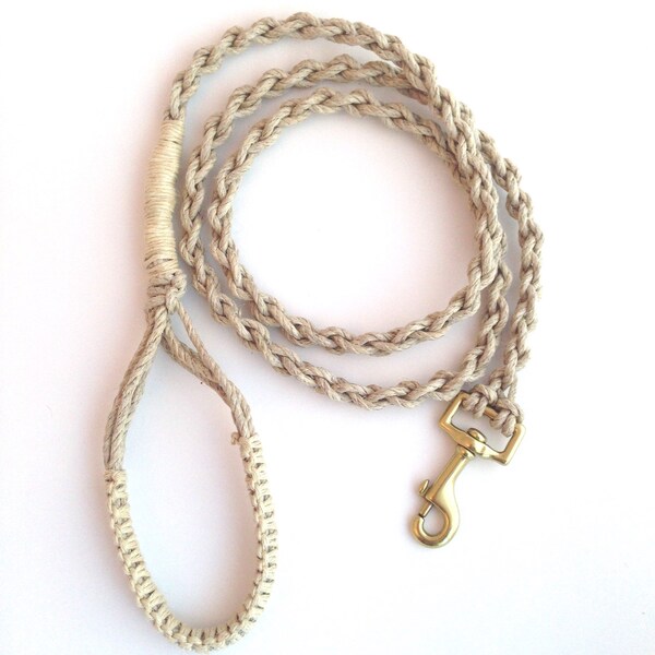 Macrame Hemp Leash  - 5 FT, Solid Brass Clip, Natural Tan with Comfortable Handle