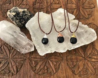 Obsidian Gemstone Teardrop Necklace - Hemp & Wire Wrapped Sterling Silver, Copper, or Brass Metal