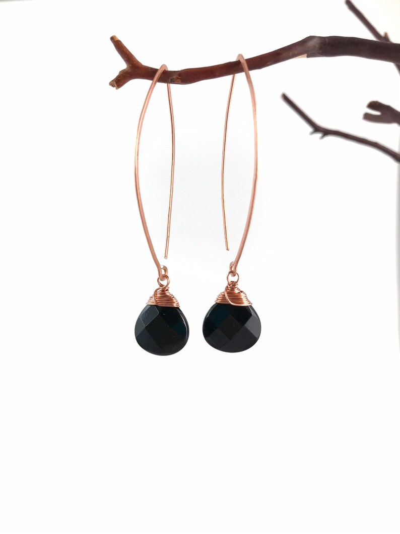 Black Agate Lotus Petal Drop Earrings Made to Order Copper, Sterling Silver or 14K Gold image 1