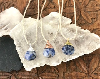 Sodalite Gemstone Teardrop Necklace - Hemp & Wire Wrapped Sterling Silver, Copper, or Brass Metal