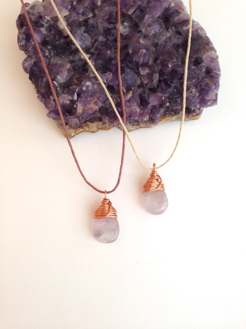 Lavender Amethyst Teardrop Necklace Copper Wire Wrapped Gemstone, Natural Hemp image 4