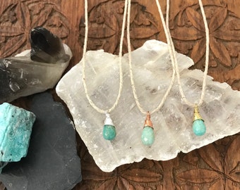 Amazonite Gemstone Teardrop Necklace - Hemp & Wire Wrapped Sterling Silver, Copper, or Brass Metal