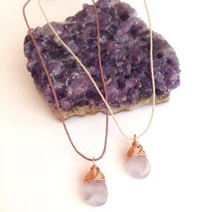 Lavender Amethyst Teardrop Necklace Copper Wire Wrapped Gemstone, Natural Hemp image 3