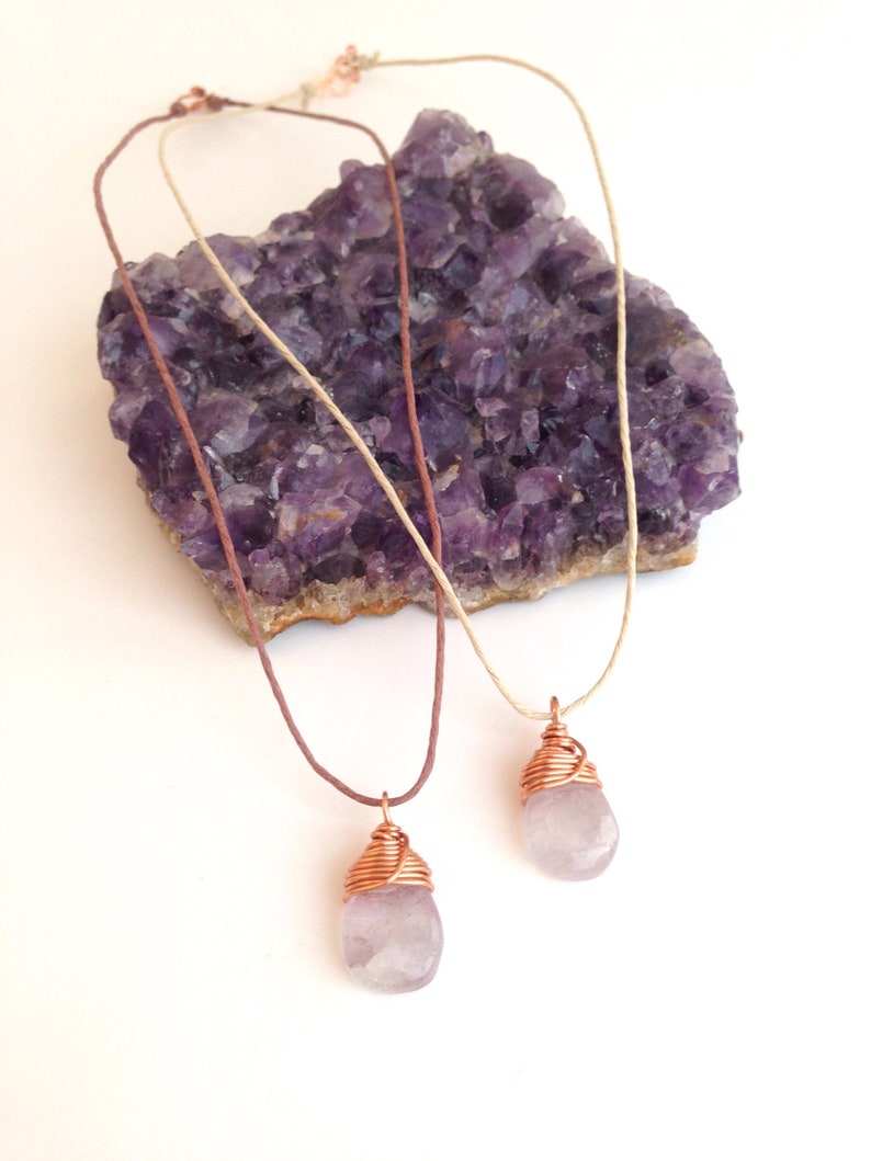 Lavender Amethyst Teardrop Necklace Copper Wire Wrapped Gemstone, Natural Hemp image 3