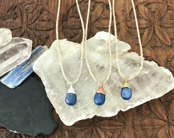 Blue Kyanite Gemstone Teardrop Necklace - Hemp & Wire Wrapped Sterling Silver, Copper, or Brass Metal
