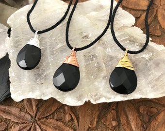 Onyx Gemstone Teardrop Necklace - Hemp & Wire Wrapped Sterling Silver, Copper, or Brass Metal