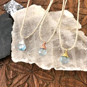 Aquamarine Gemstone Teardrop Necklace Hemp & Wire Wrapped Sterling Silver, Copper, or Brass Metal image 4