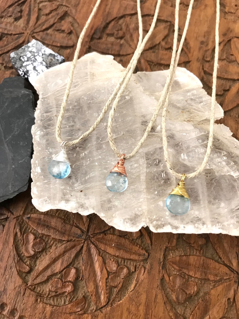 Aquamarine Gemstone Teardrop Necklace Hemp & Wire Wrapped Sterling Silver, Copper, or Brass Metal image 4