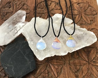 Opalite Gemstone Teardrop Necklace - Hemp & Wire Wrapped Sterling Silver, Copper, or Brass Metal