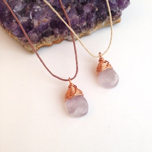 Lavender Amethyst Teardrop Necklace Copper Wire Wrapped Gemstone, Natural Hemp image 2