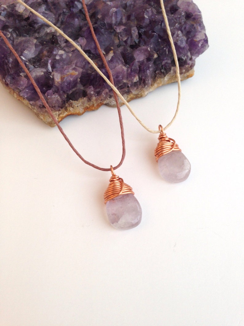 Lavender Amethyst Teardrop Necklace Copper Wire Wrapped Gemstone, Natural Hemp image 2