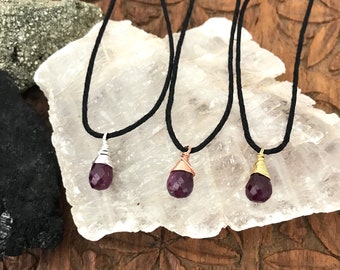 Ruby Gemstone Teardrop Necklace - Hemp & Wire Wrapped Sterling Silver, Copper, or Brass Metal