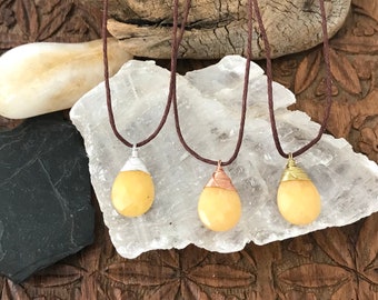 Yellow Jasper Gemstone Teardrop Necklace - Hemp & Wire Wrapped Sterling Silver, Copper, or Brass Metal