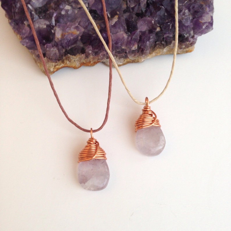 Lavender Amethyst Teardrop Necklace Copper Wire Wrapped Gemstone, Natural Hemp image 5
