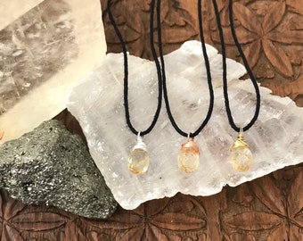 Citrine Gemstone Teardrop Necklace - Hemp & Wire Wrapped Sterling Silver, Copper, or Brass Metal