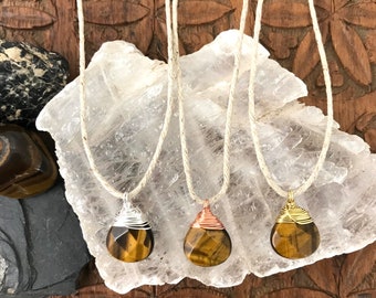 Tigers Eye Gemstone Teardrop Necklace - Hemp & Wire Wrapped Sterling Silver, Copper, or Brass Metal