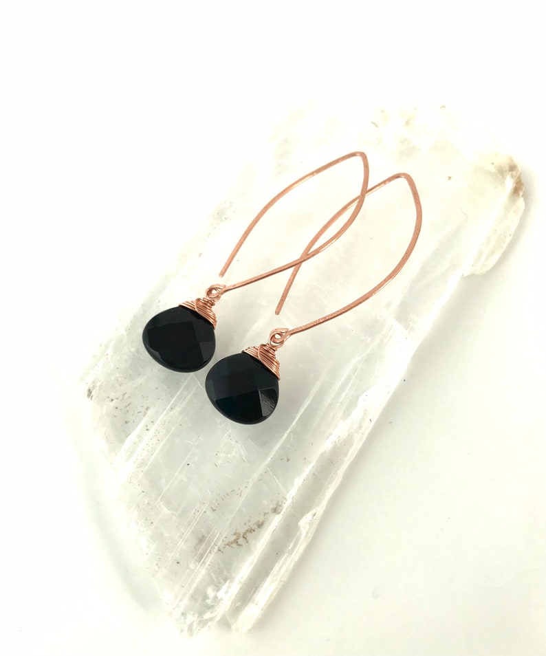 Black Agate Lotus Petal Drop Earrings Made to Order Copper, Sterling Silver or 14K Gold image 2