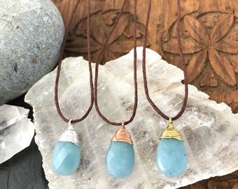 Blue Quartz Gemstone Teardrop Necklace - Hemp & Wire Wrapped Sterling Silver, Copper, or Brass Metal