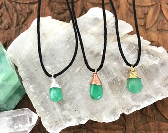 Chrysoprase Gemstone Teardrop Necklace - Hemp & Wire Wrapped Sterling Silver, Copper, or Brass Metal