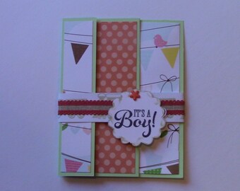 CARD, Baby, Boy, Trains, Orange, Green, Yellow, Brown, Trifold