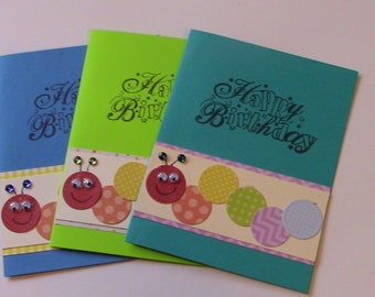 CARD, Birthday, Child, Juvenile, Caterpillar, Blue, Green, Yellow, Pink, Purple