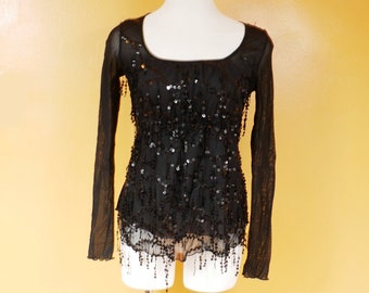 Sheer Black Sequin Fringe Top