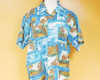 Blue Palm Tree Print Hawaiian Button Down Shirt