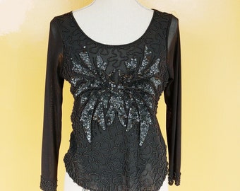 Sheer Black Mesh Floral Beaded Top