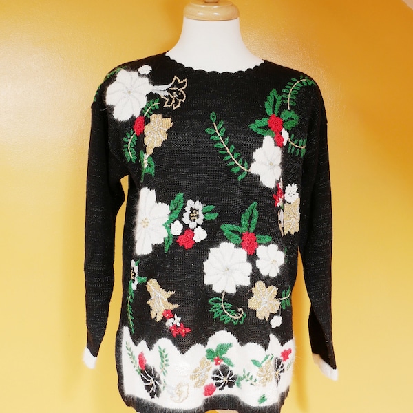 Black Beaded Metallic Knit Christmas Sweater