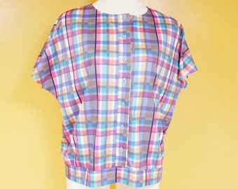 Rainbow Plaid Short Sleeve Kitten Blouse