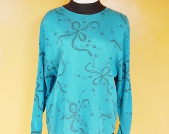 Teal Bow Pattern Mockneck Long Sleeve Shirt