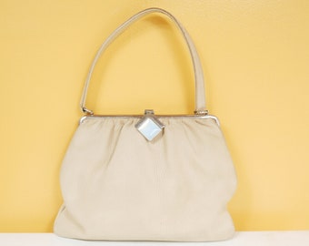 Beige Leather Top Handle Handbag