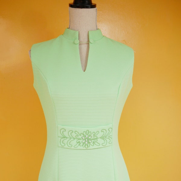 Acid Green Beaded Ribbed Full Length Mock Neck Dress