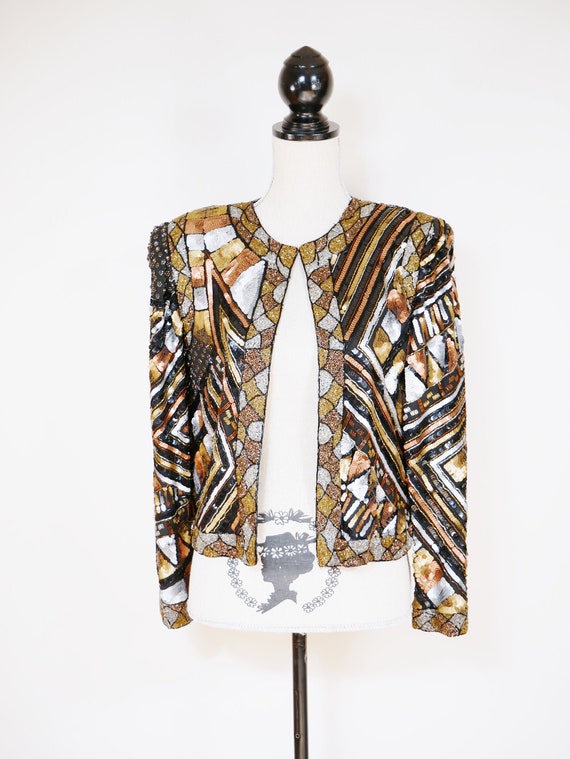 Black Silk Metallic Geometric Beaded Formal Statem
