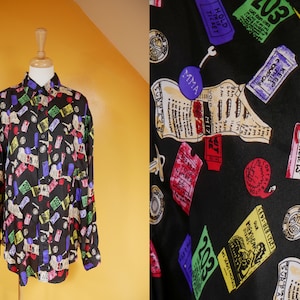 Black Silk Novelty Print Silk Button Down Shirt