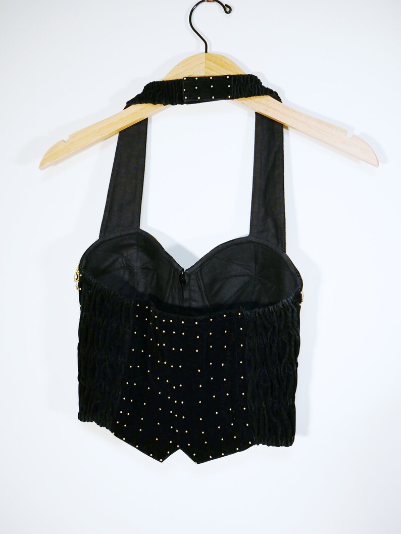 Black Velvet Gold Studded Fringe Halter Bustier